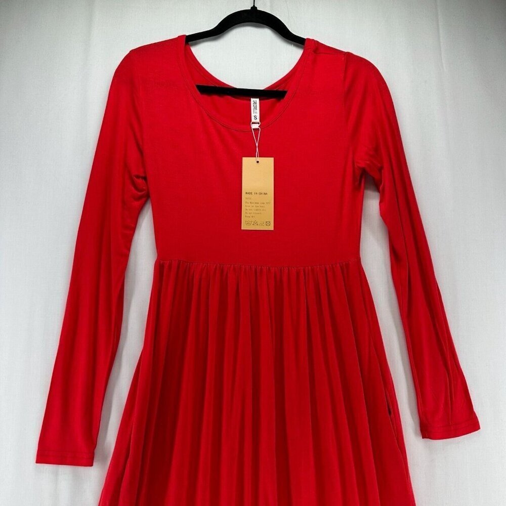 Grecerelle Dress S Shirred A-Line Maxi Scoop Neck Long Sleeve Stretch Rayon Red - Picture 3 of 12